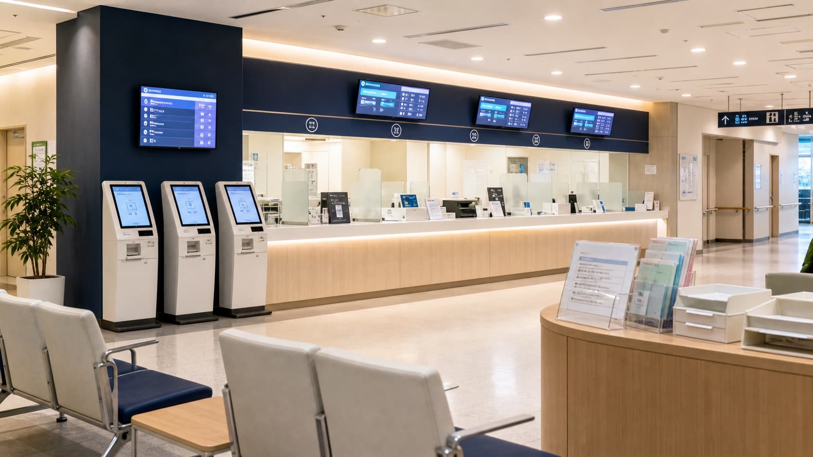 架空大学病院の会計窓口と自動精算機を示すビジュアル